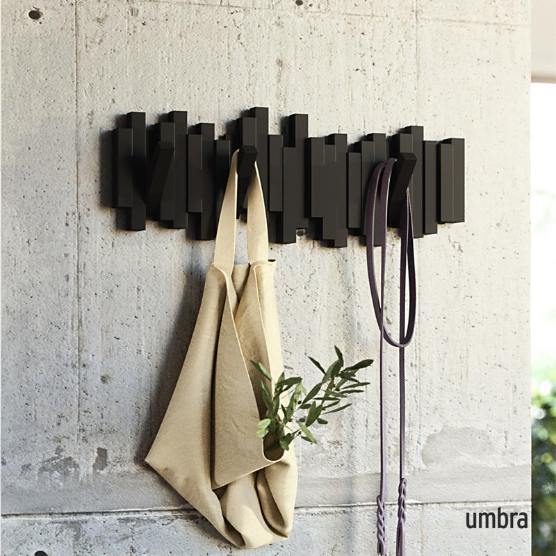 Umbra Sticks Wall-Mounted Coat Rack Rail Hook with 5 Retractable Pegs â€“ Modern, Space-Saving Storage Organizer, Black - Image 2
